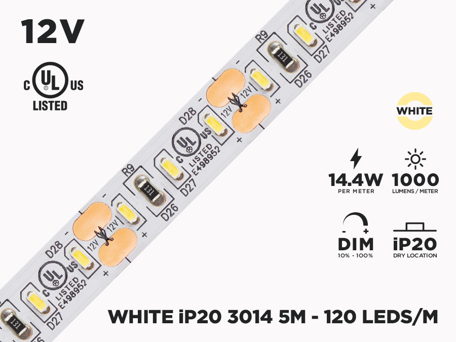 12V 5m iP20 3014 White LED Strip - 120 LEDs/m (Strip Only) - LED Montréal