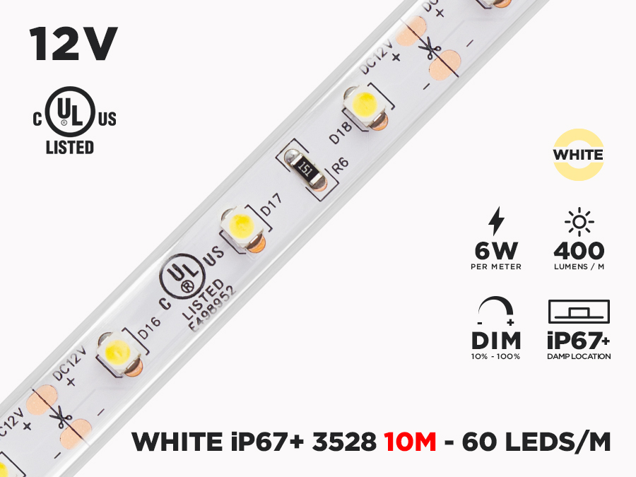Ruban LED Extérieur iP67 12V 3528 Blanc à 60 LEDs/m - 10m Continu (Ruban  seul)