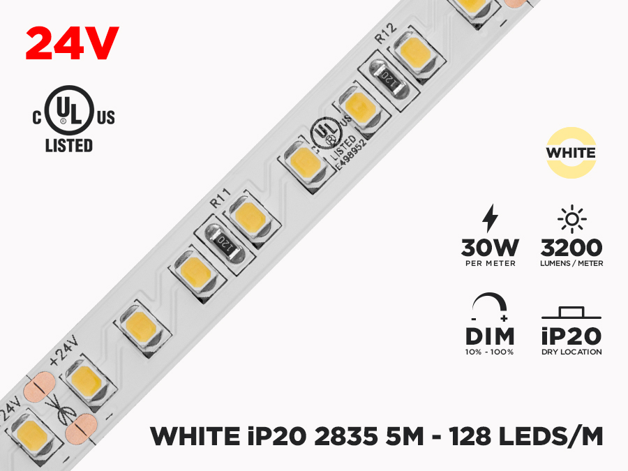 Ruban LED iP20 24V 2835 Haute intensité Blanc à 128 LEDs/m - 5m