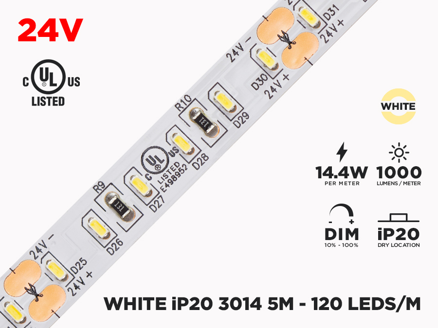 24V iP20 3014 White LED Strip - 120 LED/m - LED Montréal