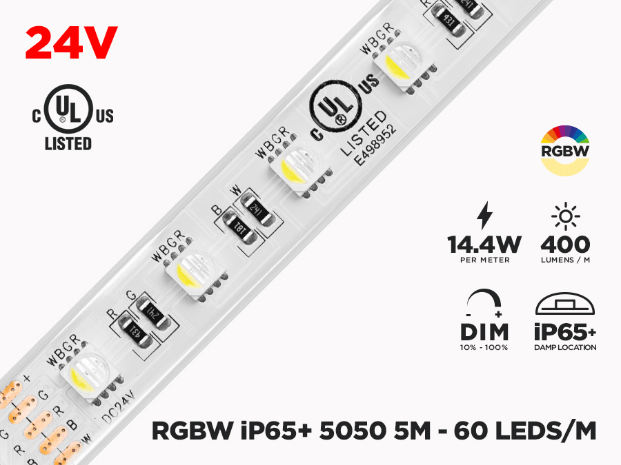 Ruban led 60LED m 5050 24V IP67 RGB+W 4000K 5m
