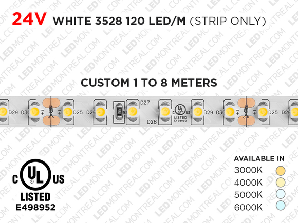 Ruban LED iP20 24V 3528 Blanc à 120 LEDs/m - 1m à 8m (Ruban seul)