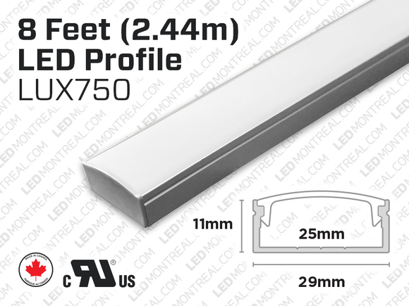 Profilé d’aluminium en U de 29mm de largeur pour ruban LED - 8 pieds