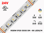 24V 5m iP20 RGB+W 5050 LED Strip - 96 LEDs/m (Strip Only)