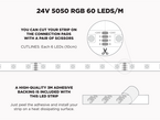 24V 5m iP20 RGB 5050 High Output LED Strip - 60 LEDs/m (Strip Only) - Features: Cut Lines
