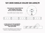 12V 5m iP20 2835 White High Output LED Strip - 128 LEDs/m (Strip Only) - Features: Cut Lines