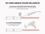12V 5m iP20 2835 White High Output LED Strip - 128 LEDs/m (Strip Only) - Features: Solder