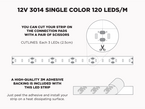 12V 5m iP20 3014 White LED Strip - 120 LEDs/m (Strip Only) - Features: Cut Lines