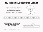 12V 1.2m (4') iP65+ 3528 Single Color LED Strip - 120 LEDs/m (Strip Only) - Features: Cut Lines