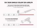 12V 1.2m (4') iP65+ 3528 Single Color LED Strip - 120 LEDs/m (Strip Only) - Features: Solder
