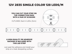 12V 5m iP20 2835 White High Output LED Strip - 128 LEDs/m (Strip Only)