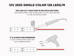 12V 5m iP20 2835 White High Output LED Strip - 128 LEDs/m (Strip Only)