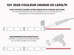 Ruban LED Extérieur iP67 12V 3528 Blanc à 60 LEDs/m - 5m (Ruban seul)