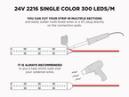 24V 25m iP20 2216 Single Color LED Strip - 300 LEDs/m (Strip Only)