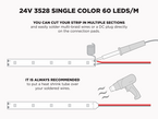 24V 5m iP20 3528 Single Color LED Strip - 60 LEDs/m (Strip Only)