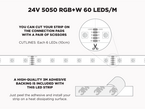 24V 5m iP20 RGB+W 5050 LED Strip - 60 LEDs/m (Strip Only)