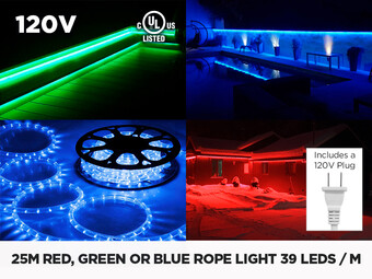 Cordon Lumineux LED Rouge, Vert ou Bleu 120V 25m iP65 - 39 LED/m