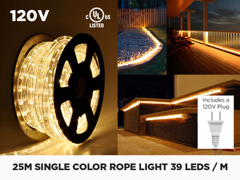 120V 25m iP65 2835 Single Color Rope Light - 39 LEDs/m