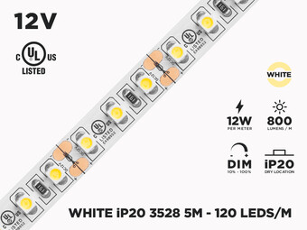 12V 5m iP20 3528 White LED Strip - 120 LEDs/m (Strip Only)