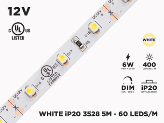 12V 5m iP20 3528 Single Color LED Strip - 60 LEDs/m (Strip Only)