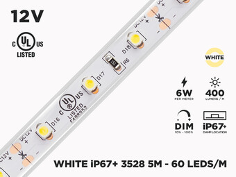 12V 5m IP67 3528 White Outdoor LED Strip - 60 LEDs/m - 5m (Strip only)