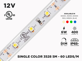 12V 5m iP65 3528 Single Color LED Strip - 60 LEDs/m (Strip Only)