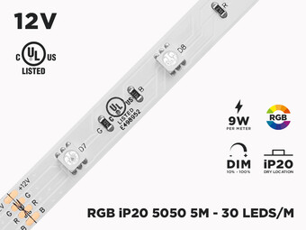 12V 5m iP20 RGB 5050 High Output LED Strip - 30 LEDs/m (Strip Only)