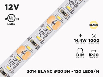 Ruban LED iP20 12V 3014 Blanc à 120 LEDs/m - 5mm (Ruban seul)