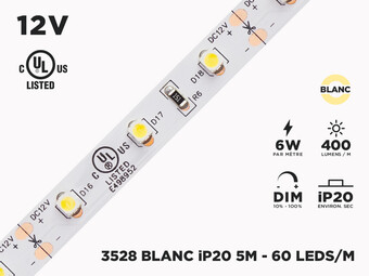 Ruban LED iP20 12V 3528 Couleur Unique à 60 LEDs/m - 5m (Ruban seul)