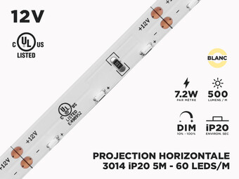 Ruban LED iP20 12V 3014 Blanc à Projection Horizontale à 60 LEDs/m - 5m (Ruban seul)