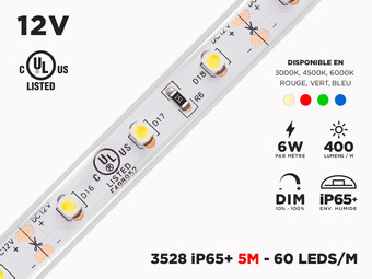 Ruban LED iP65 12V 3528 Couleur Unique à 60 LEDs/m - 5m (Ruban seul)