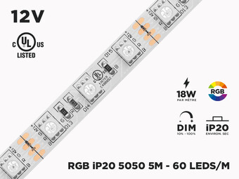 Ruban LED iP20 12V RGB 5050 Haute intensité à 60 LEDs/m  - 5m (Ruban seul)