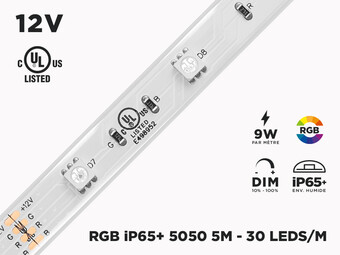 Ruban LED iP65+ 12V RGB 5050 Haute Intensité à 30 LEDs/m - 5m (Ruban seul)