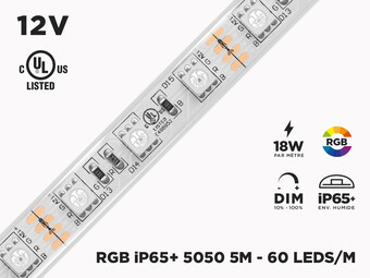 Ruban LED iP65+ 12V RGB 5050 Haute intensité à 60 LEDs/m - 5m (Ruban seul)