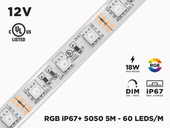 Ruban LED iP67 12V Haute Intensité RGB 5050 à 60 LEDs/m - 5m (Ruban seul)
