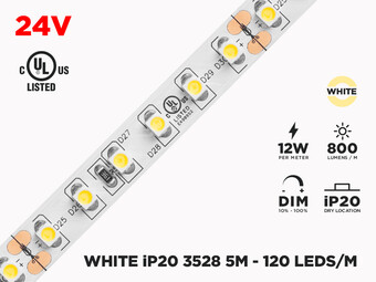 24V 5m iP20 3528 White LED Strip - 120 LEDs/m (Strip Only)