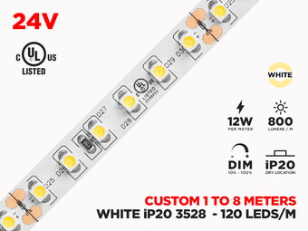 24V 1m to 8m iP20 3528 LED Single Color LED Strip 120 LED per Meter (strip only)