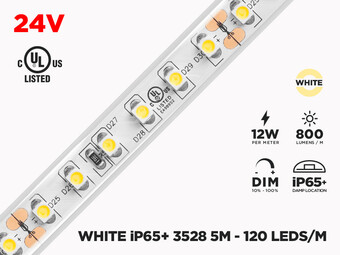 24V 5m iP65+ 3528 White LED Strip - 120 LEDs/m (Strip Only)