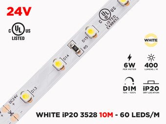 24V 10m iP20 3528 White LED Strip - 60 LEDs/m (Strip Only)