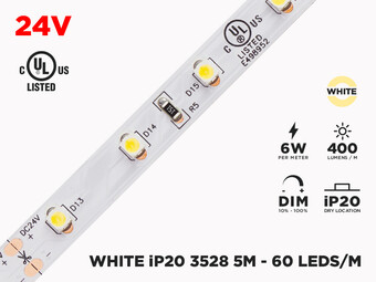 24V 5m iP20 3528 White LED Strip - 60 LEDs/m (Strip Only)