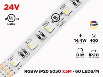 24V 7.5m iP20 RGB+W 5050 LED Strip - 60 LEDs/m (Strip Only)