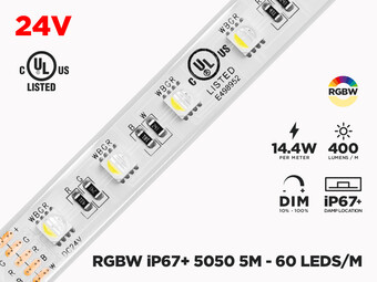 24V 5m iP67+ RGB+W 5050 LED Strip - 60 LEDs/m (Strip Only)