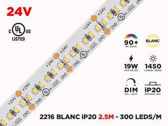 Ruban LED iP20 24V 2216 Couleur Unique à 300 LEDs/m - 2.5m (Ruban seul)