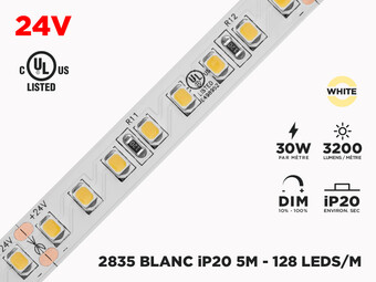 Ruban LED iP20 24V 2835 Haute intensité Blanc à 128 LEDs/m - 5m (Ruban seul)