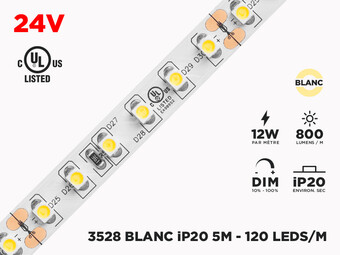 Ruban LED iP20 24V 3528 Blanc à 120 LEDs/m - 5m (Ruban seul)