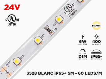 Ruban LED iP65+ 24V 3528 Blanc à 60 LEDs/m - 5m (Ruban seul)