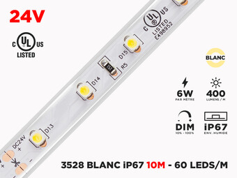 Ruban LED Extérieur iP67 24V 3528 Blanc à 60 LEDs/m - 10m (Ruban seul)
