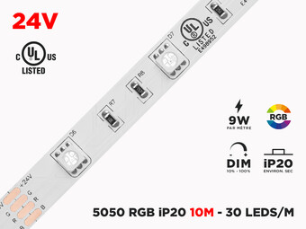 Ruban LED iP20 24V RGB 5050 Haute intensité à 30 LEDs/m - 10m (Ruban seul)