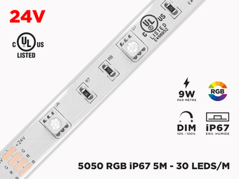 Ruban LED iP67 24V RGB 5050 Imperméable de Haute intensité à 30 LEDs/m - 5m (Ruban seul)