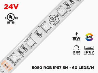 Ruban LED iP67 24V RGB 5050 Imperméable de Haute intensité à 60 LEDs/m - 5m (Ruban seul)